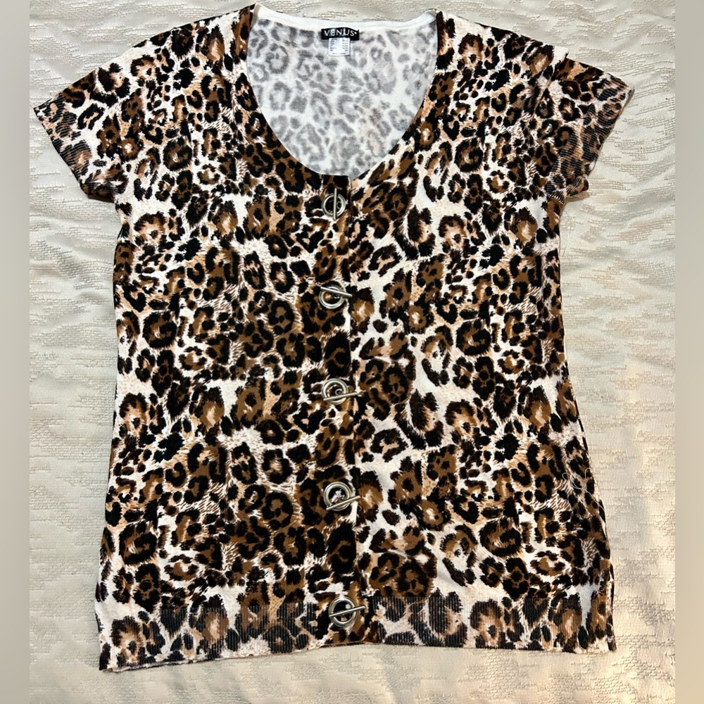 “Venus”, Leopard Print Silver Toggle Button-Up Top, size XL